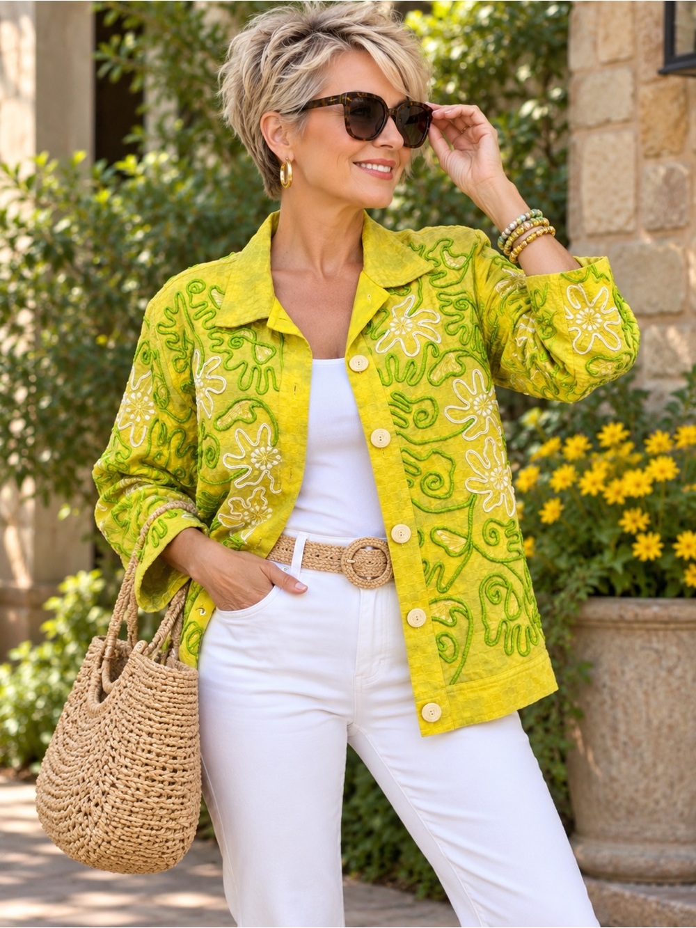 𝙄𝙣𝙙𝙞𝙜𝙤 𝙈𝙤𝙤𝙣 Jacket Embroidered Floral Artwear Chartreuse Green Women’s M